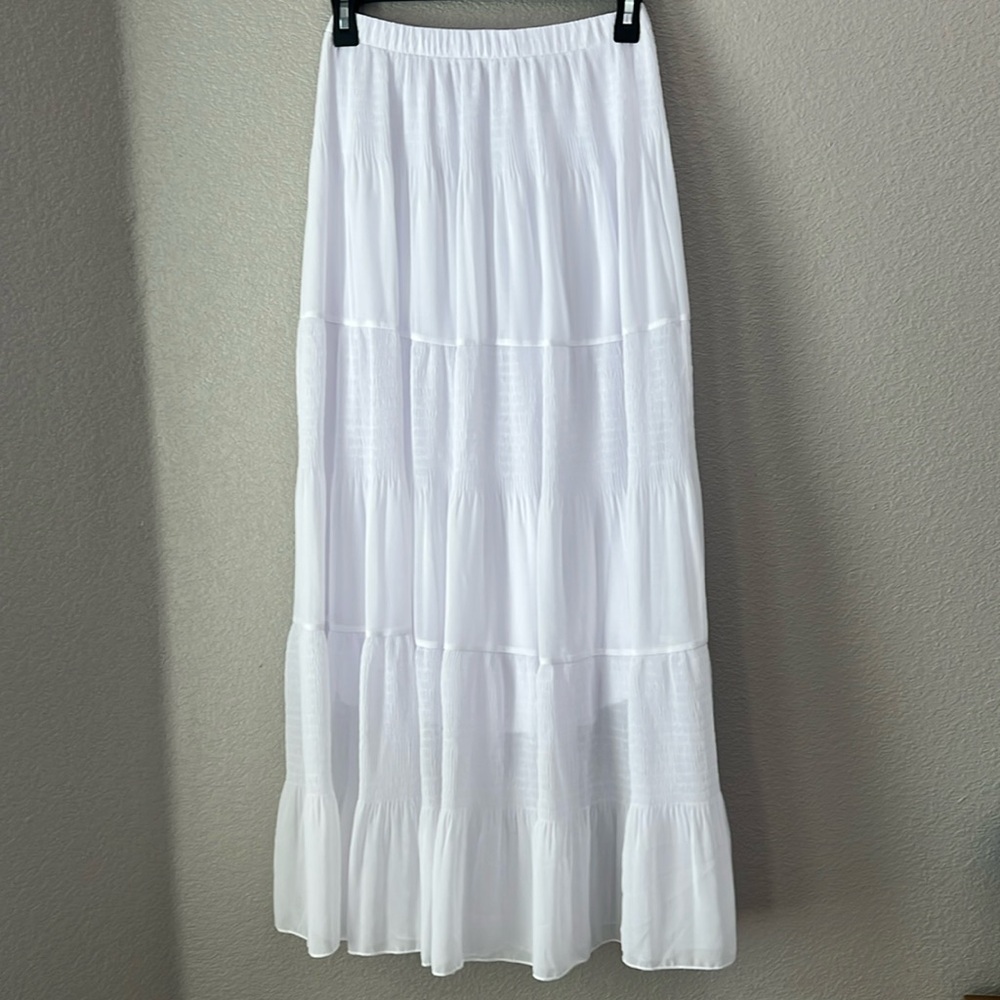 Nashalyly Tiered Boho Crinkle Chiffon Maxi White Skirt Double Layer Flowy Small